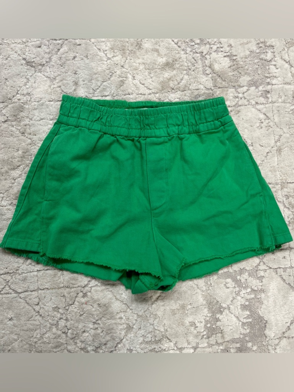 Zara green elastic waist shorts with raw hem